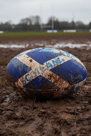 Navy Optimum Scotland rugby ball with white saltire cross and SCOTLAND print, muddy on a pitch - Optimum