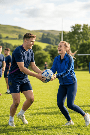 Two smiling players holding a blue and white Optimum Scotland rugby ball on a grass pitch - Optimum