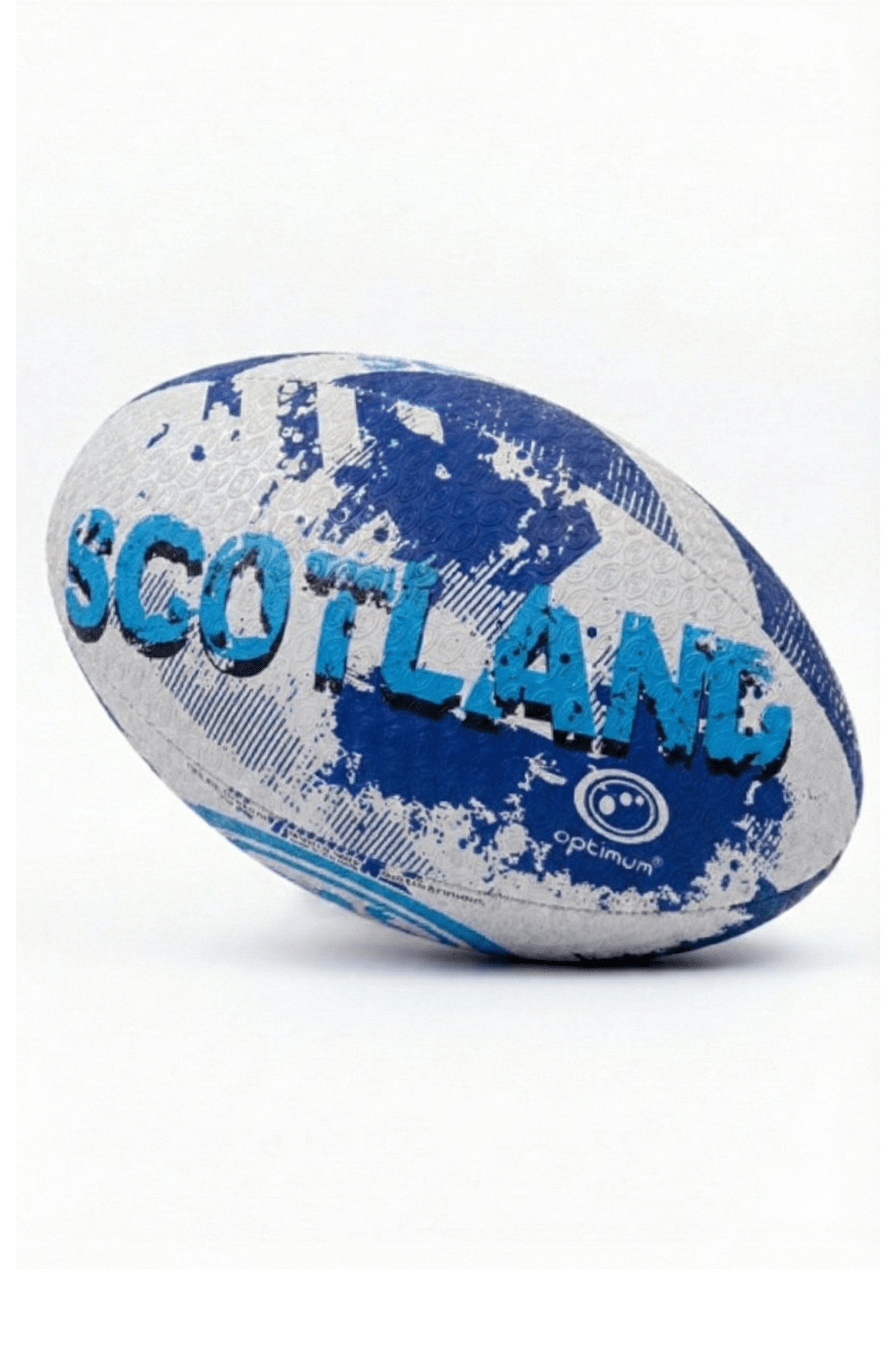 White and blue Optimum Scotland rugby ball with bold SCOTLAND print and logo, lying on white - Optimum