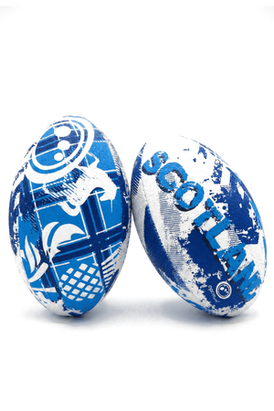 Two blue and white Optimum Scotland rugby balls with SCOTLAND print and thistle graphics, on white - Optimum