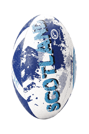 White and blue Optimum Scotland rugby ball with distressed SCOTLAND print and dimpled grip, on white - Optimum