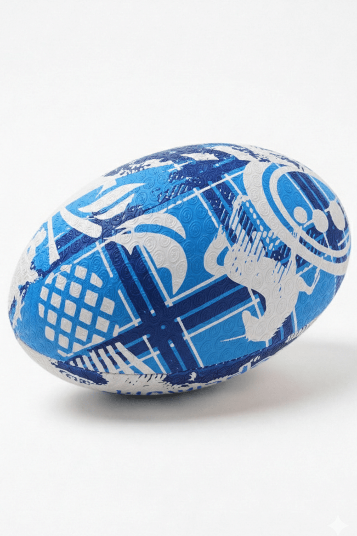 Blue and white Optimum Scotland rugby ball with thistle and tartan graphics, lying on white - Optimum