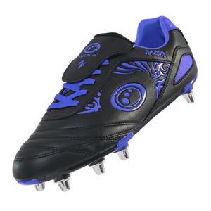 Black and blue Optimum Razor rugby boot with screw-in studs, side view on white background - Optimum
