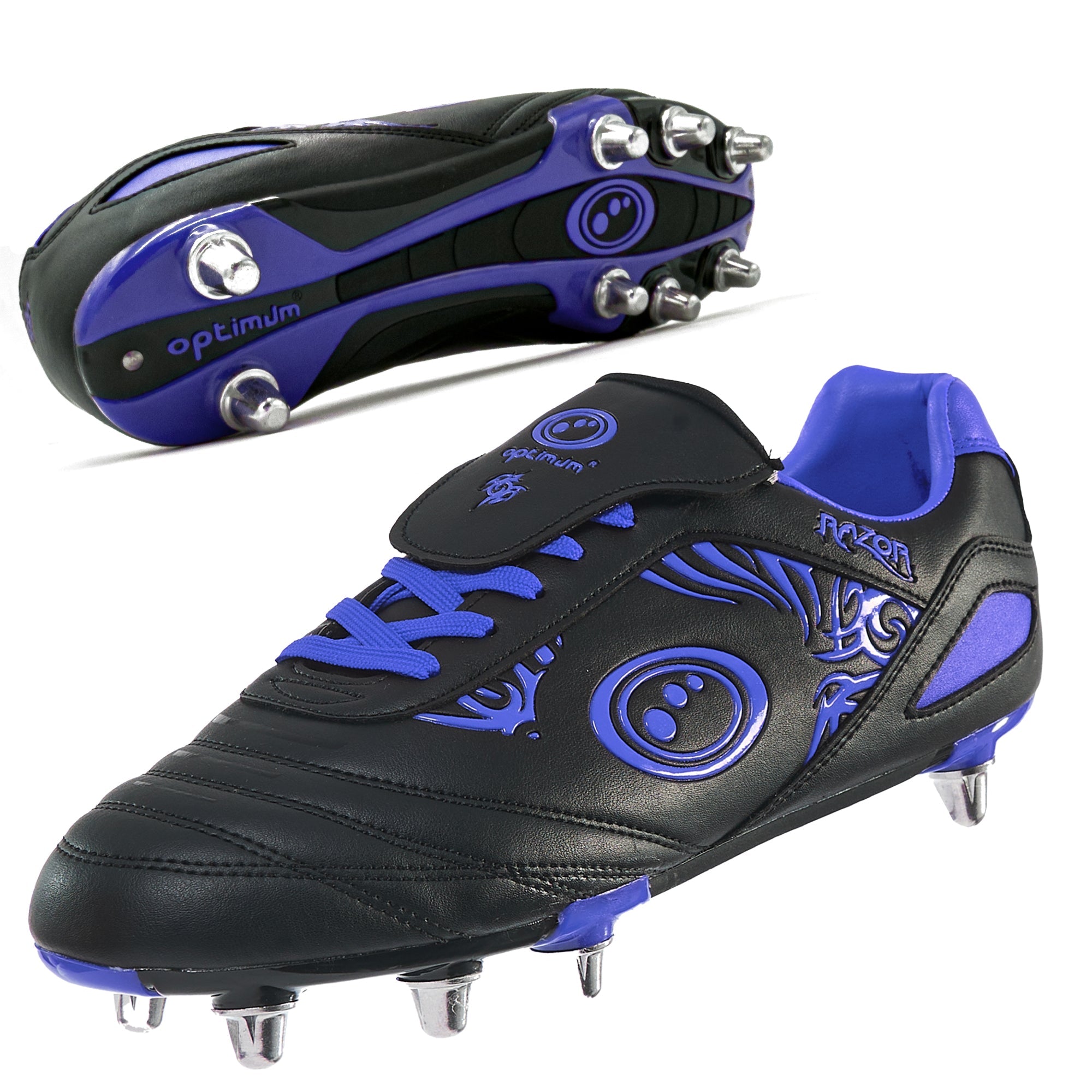 Black and blue Optimum Razor rugby boot showing sole and eight studs on white background - Optimum