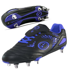 Black and blue Optimum Razor rugby boot showing sole and eight studs on white background - Optimum