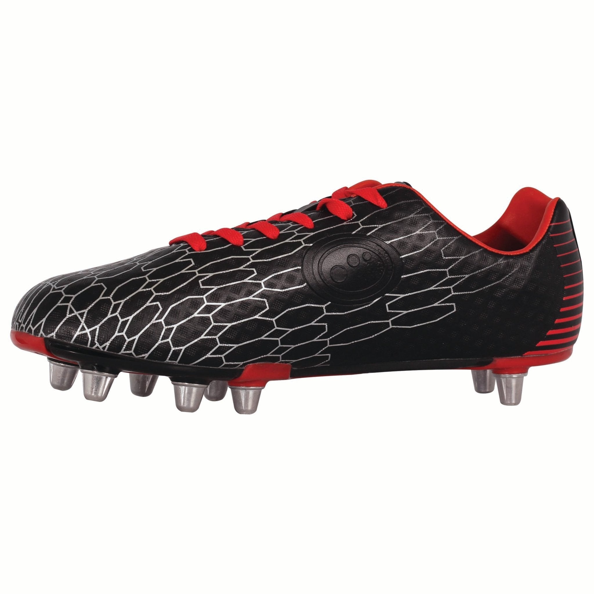 Black Optimum Viper rugby boot with silver hex print, red laces and 8 metal studs, inner side view on white - Optimum