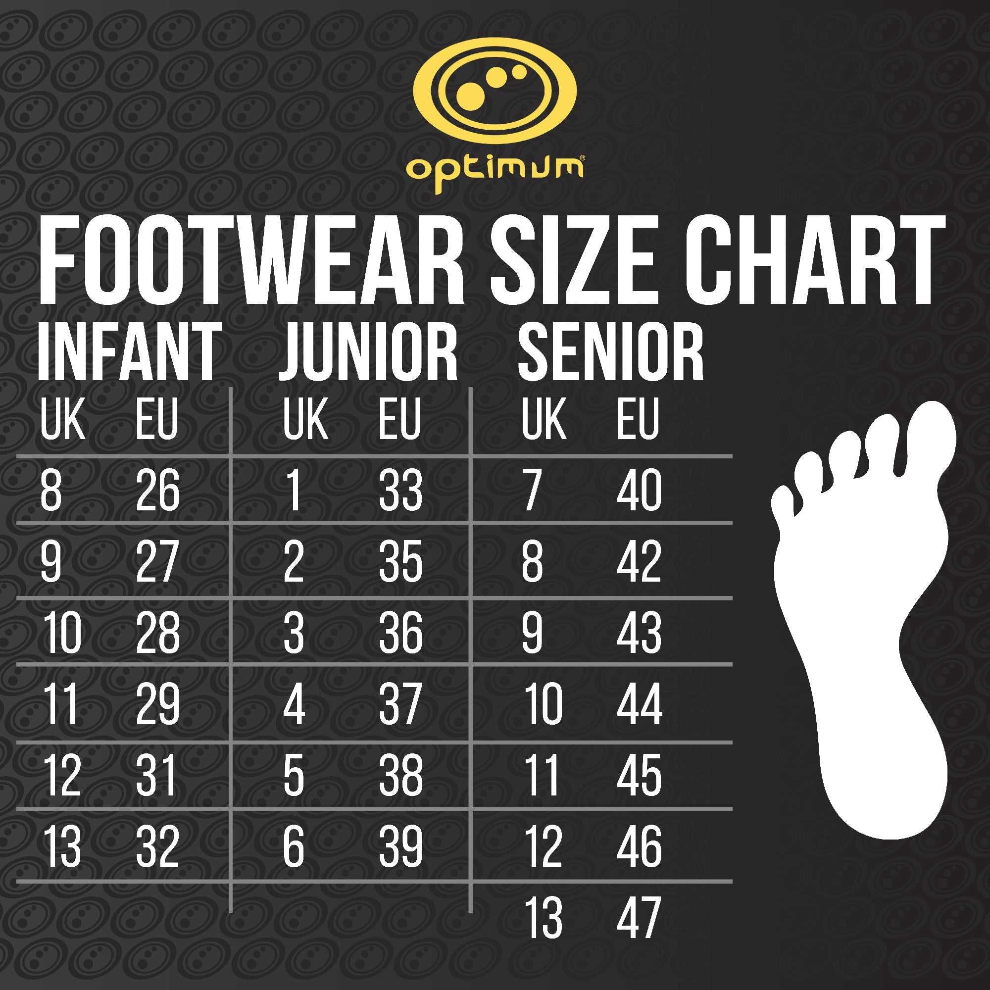 Optimum footwear size chart with UK and EU infant, junior and senior sizes and white foot graphic on black - Optimum