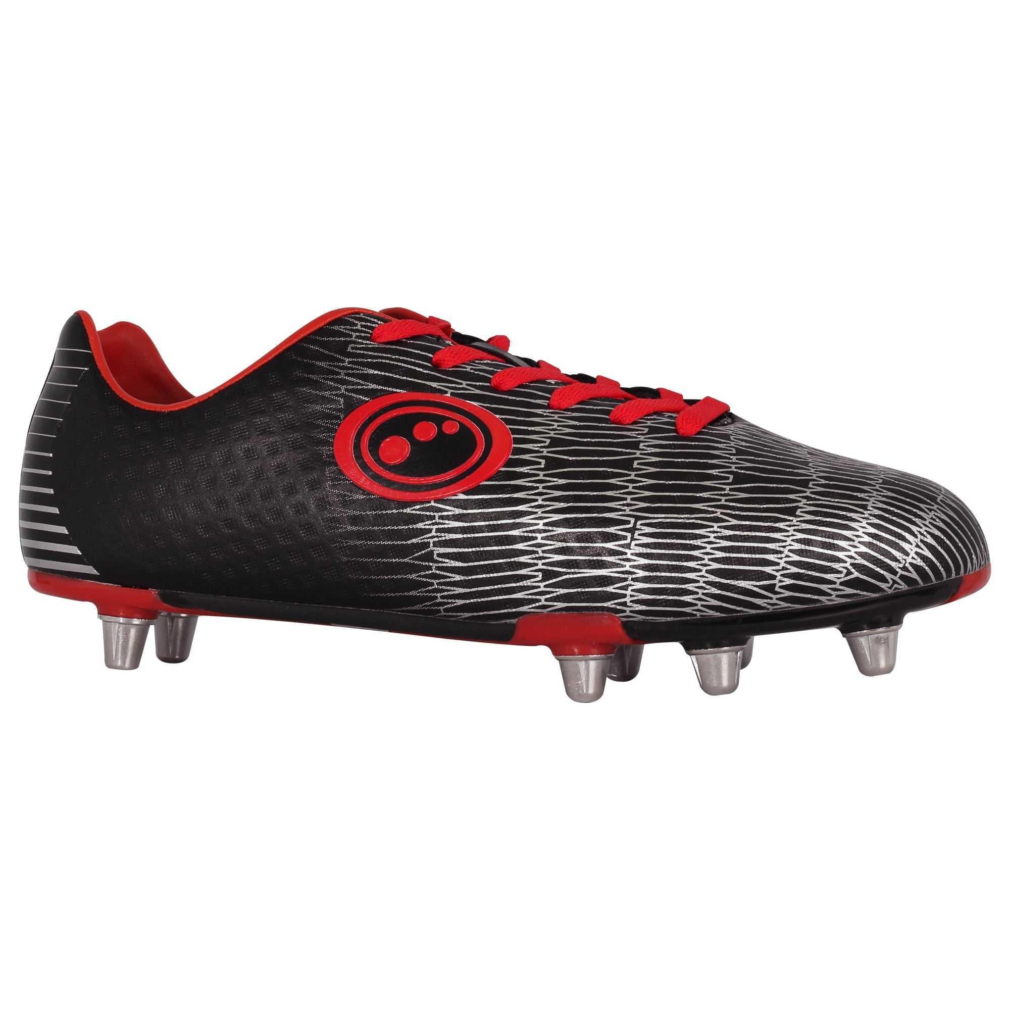 Black Optimum Red Viper 8-stud rugby boot with silver web print, red laces, logo and studs - Optimum