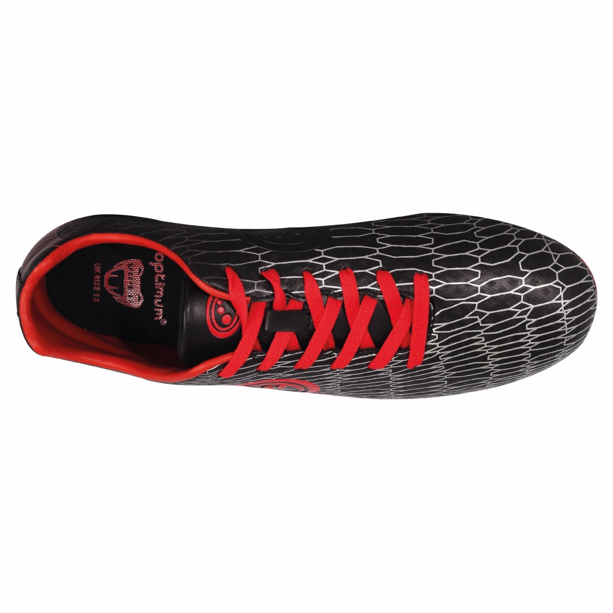 Black Optimum Viper rugby boot, top view showing red laces, silver hex print and red lining on white - Optimum