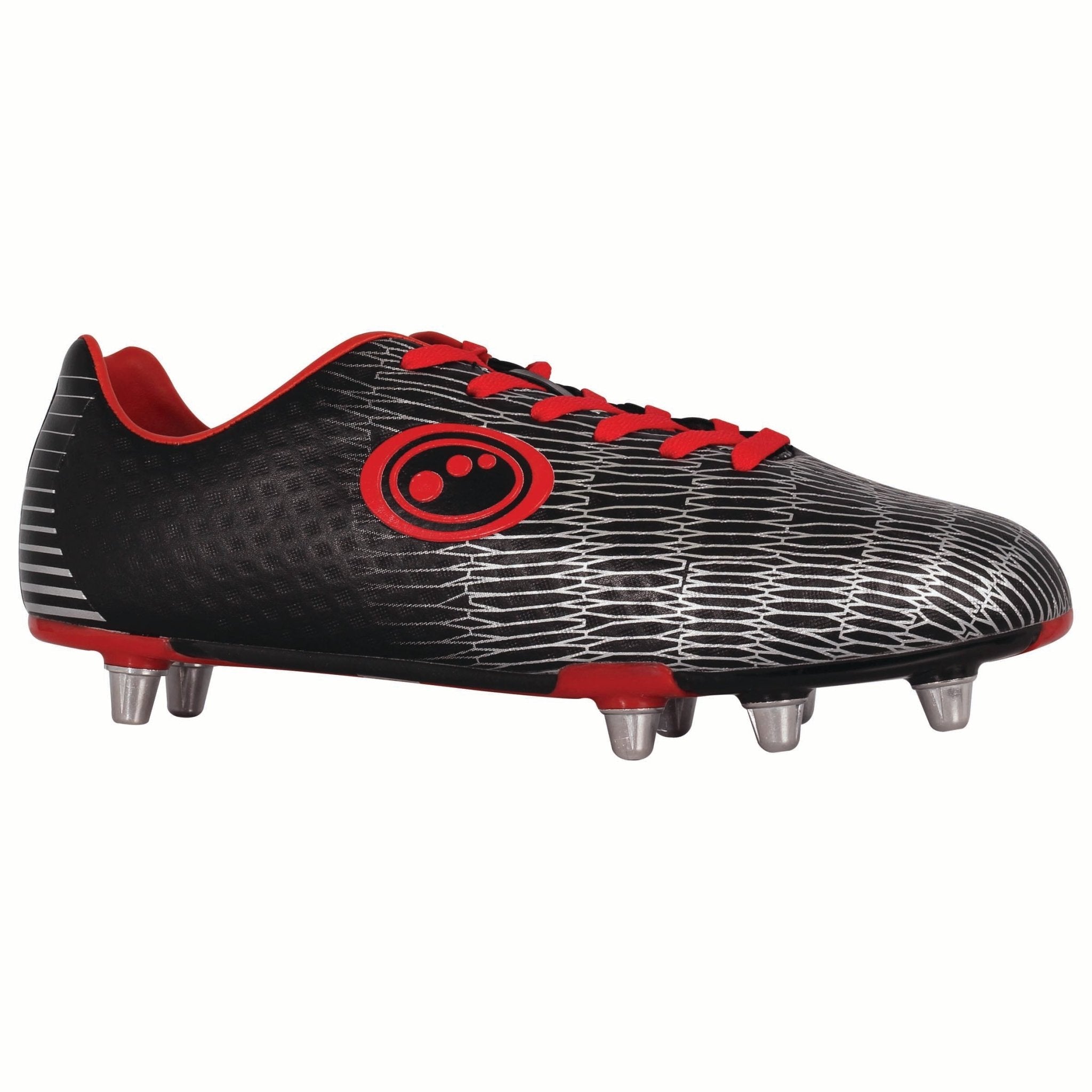 Black Optimum Viper rugby boot, outer side with silver print, red laces, red oval logo and metal studs on white - Optimum