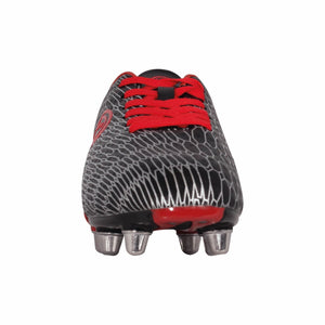 Black Optimum Viper rugby boot, front view showing red laces, silver web print and metal studs on white - Optimum