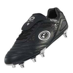 Optimum Razor rugby boot in all black with white logo, side view, 8 metal screw-in studs - Optimum