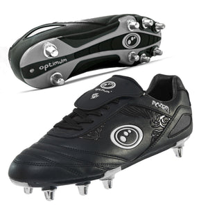 Optimum Razor rugby boot in all black, side and sole views showing 8 metal screw-in studs - Optimum