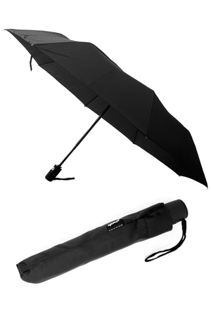 Black Optimum compact folding umbrella shown open and folded in sleeve, on white background - Optimum