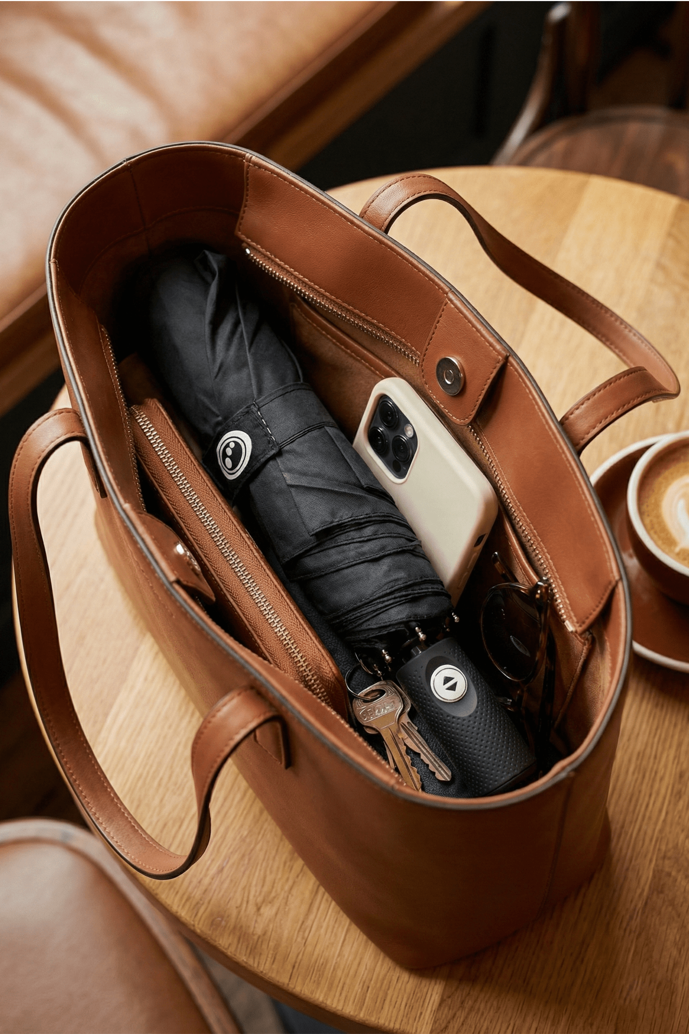 Folded black Optimum compact umbrella in tan leather tote bag with phone and keys, lifestyle - Optimum
