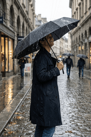 Man holding open black Optimum compact umbrella on wet cobbled city street in rain, lifestyle - Optimum