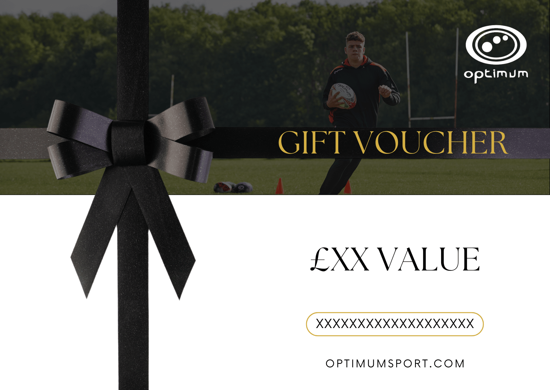 Optimum gift voucher graphic with black bow, rugby player image and pound XX value text - Optimum