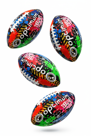Four Optimum Street American footballs with graffiti print shown at different angles - Optimum