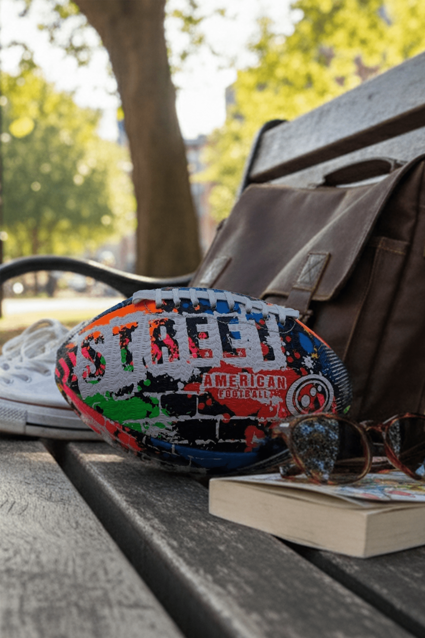Multicolour Street American football on a park bench with satchel bag, sunglasses and book - Optimum