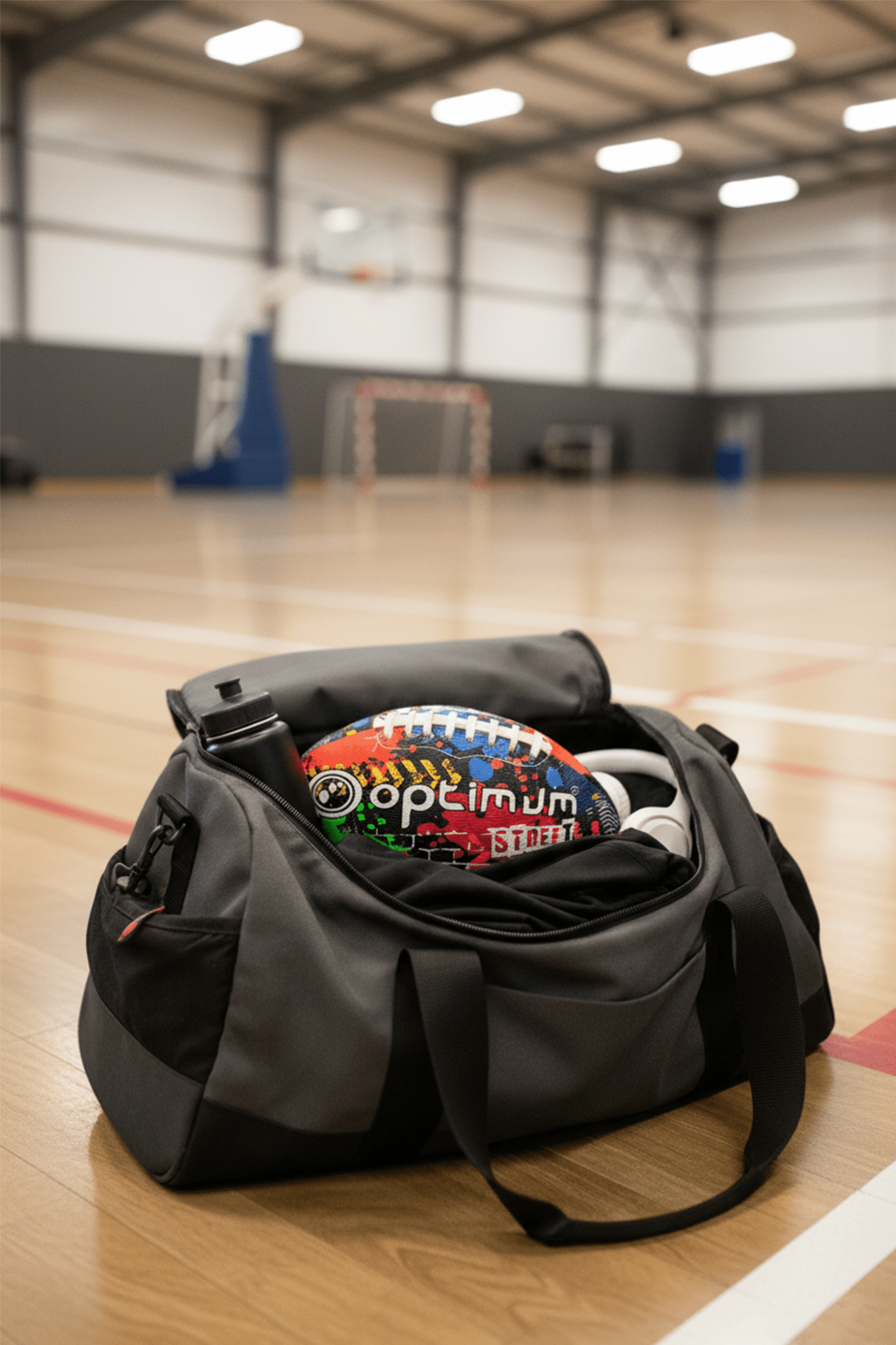 Black kit bag on sports hall floor with graffiti-print Optimum Street football inside - Optimum