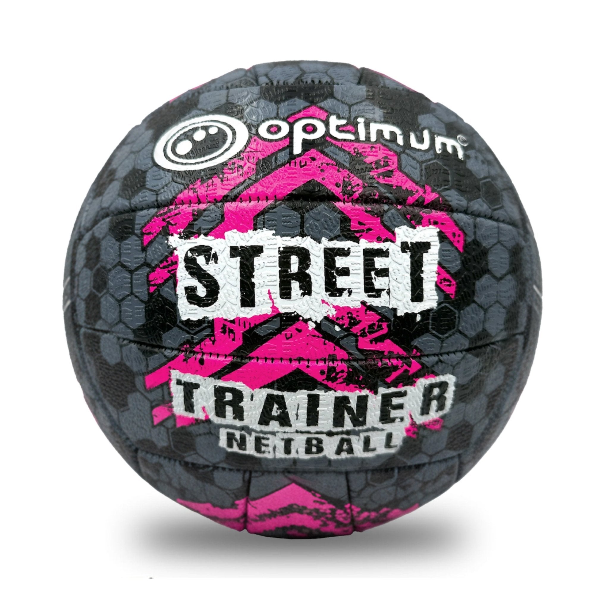 Optimum Street Trainer netball in black, grey and pink, front view on white background - Optimum