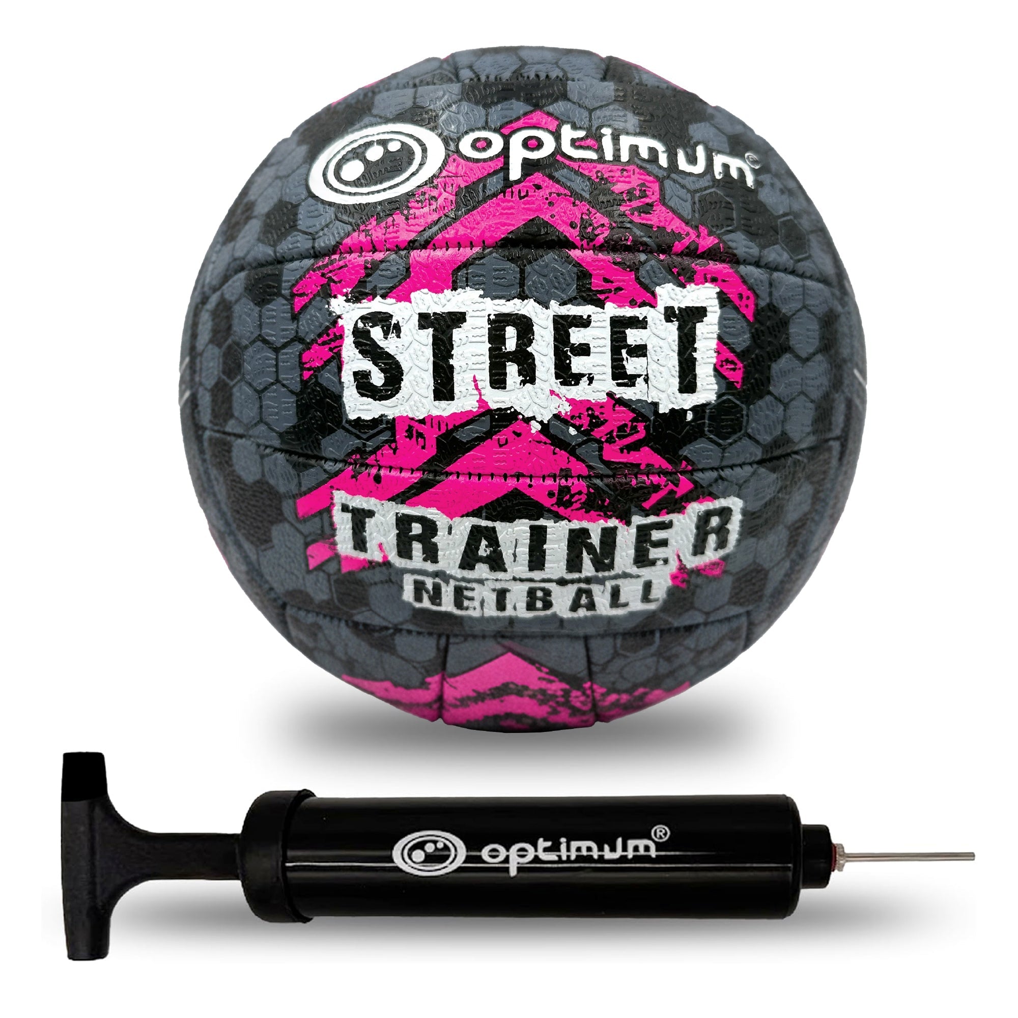 Optimum Street Trainer netball (black, grey, pink) with black Optimum hand pump on white background - Optimum