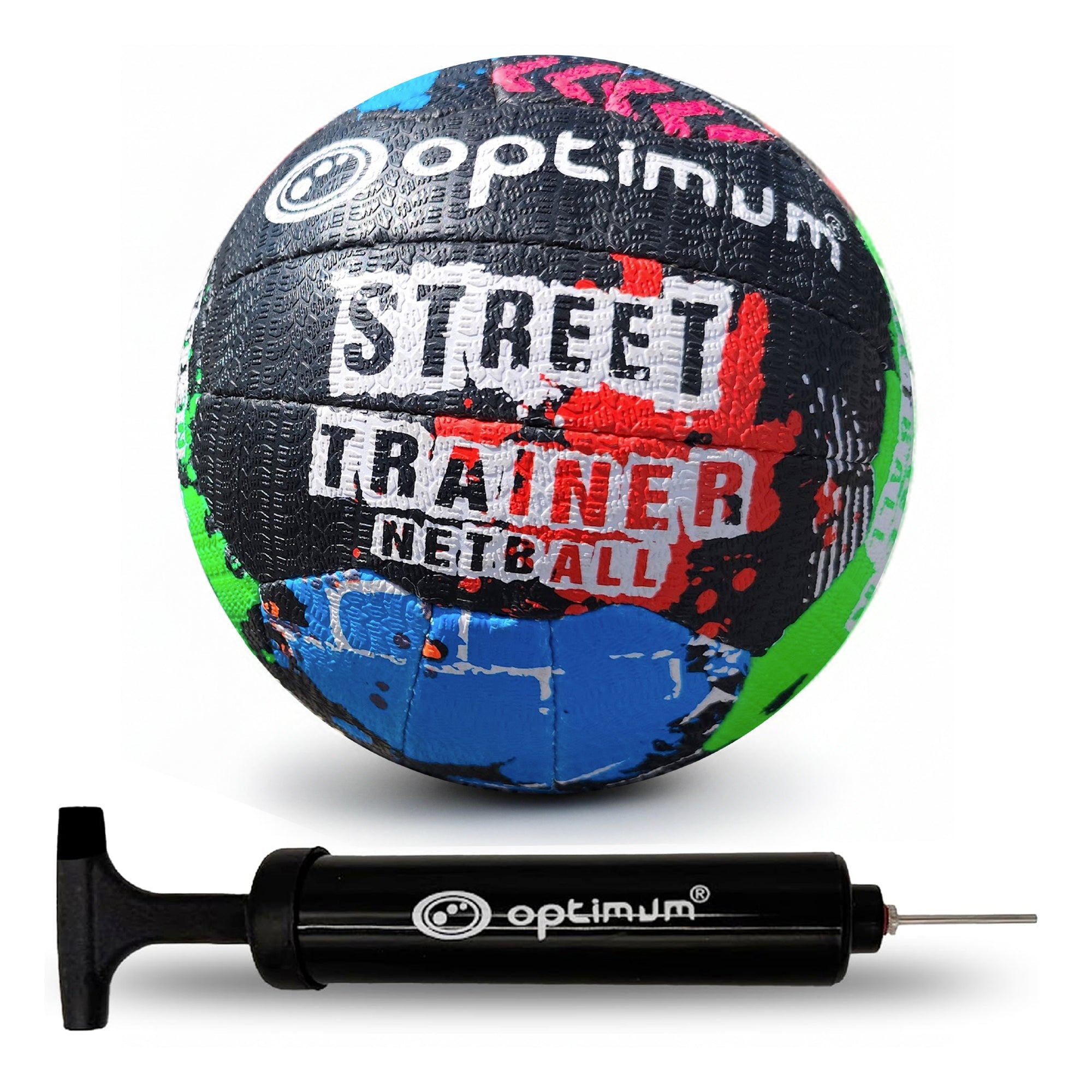Optimum Street Trainer netball (multicolour splatter) with black Optimum hand pump on white background - Optimum