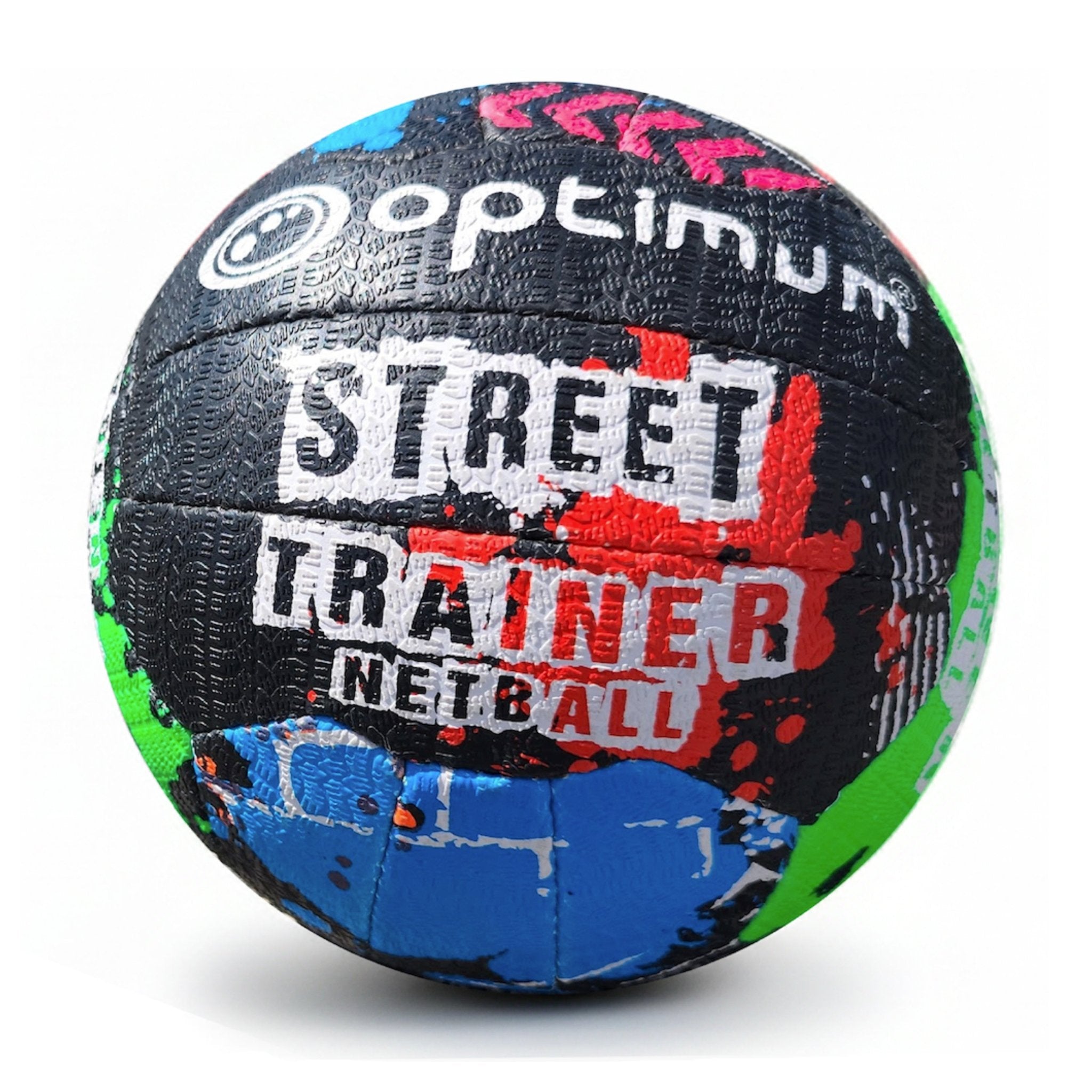 Optimum Street Trainer netball, black with multicolour splatter print, angled view on white background - Optimum