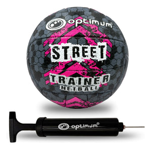 Optimum Street Trainer netball (black, grey, pink) with black Optimum hand pump on white background - Optimum