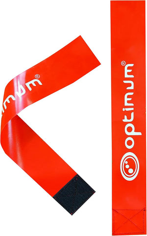 Two red PVC Optimum tag rugby flags with white logo print and black velcro ends, on white