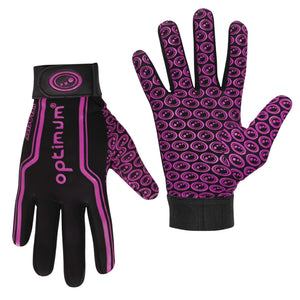 Pair of black and pink Optimum grip gloves, back with wrist strap and patterned grip palm on white - Optimum