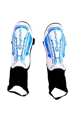 Pair of white and blue Optimum shin guards with black ankle socks, front view on white - Optimum