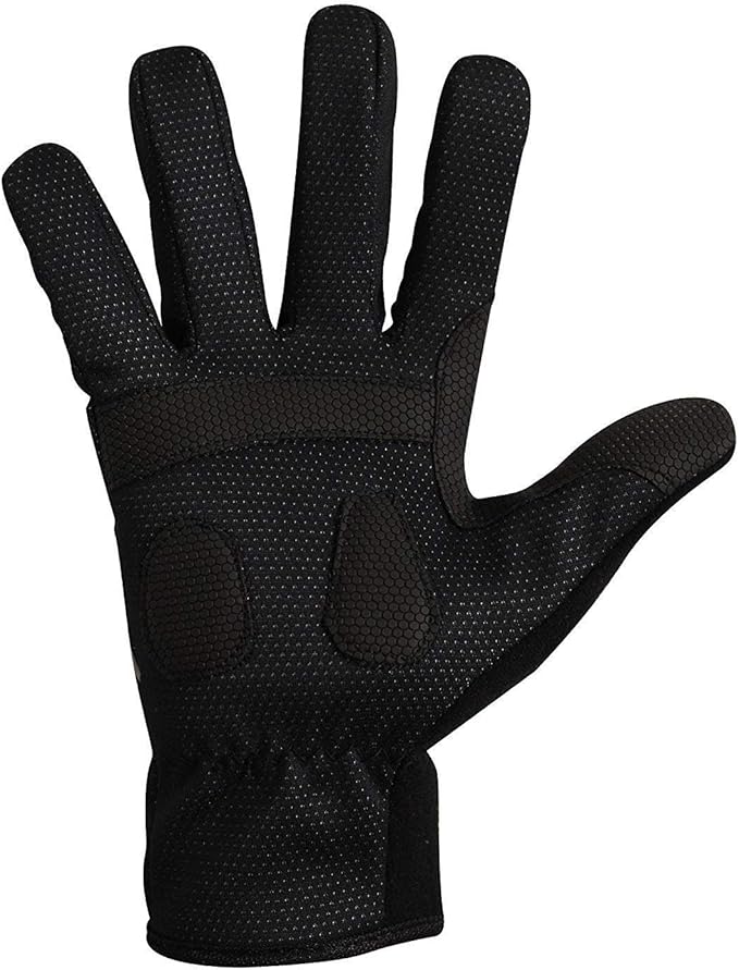 Black waterproof winter cycling glove, palm view with grippy dotted palm and padding, on white - Optimum