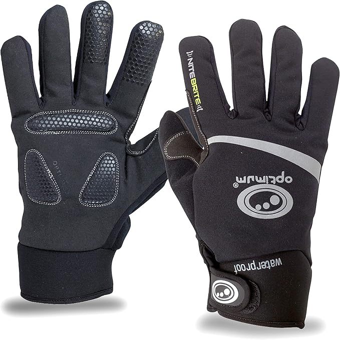 Black waterproof winter cycling gloves pair, palm and back with Optimum logo, on white - Optimum