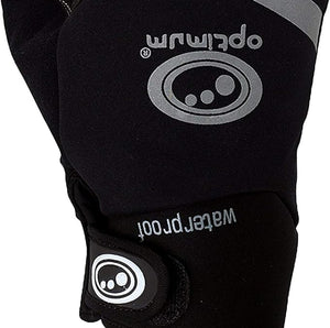 Close-up of black winter glove with grey Optimum logo, waterproof text and wrist strap, on white - Optimum