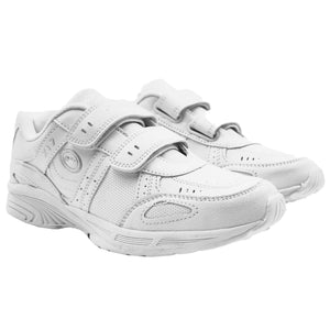 Pair of white Optimum X17 velcro-strap school trainers, angled view on white - Optimum