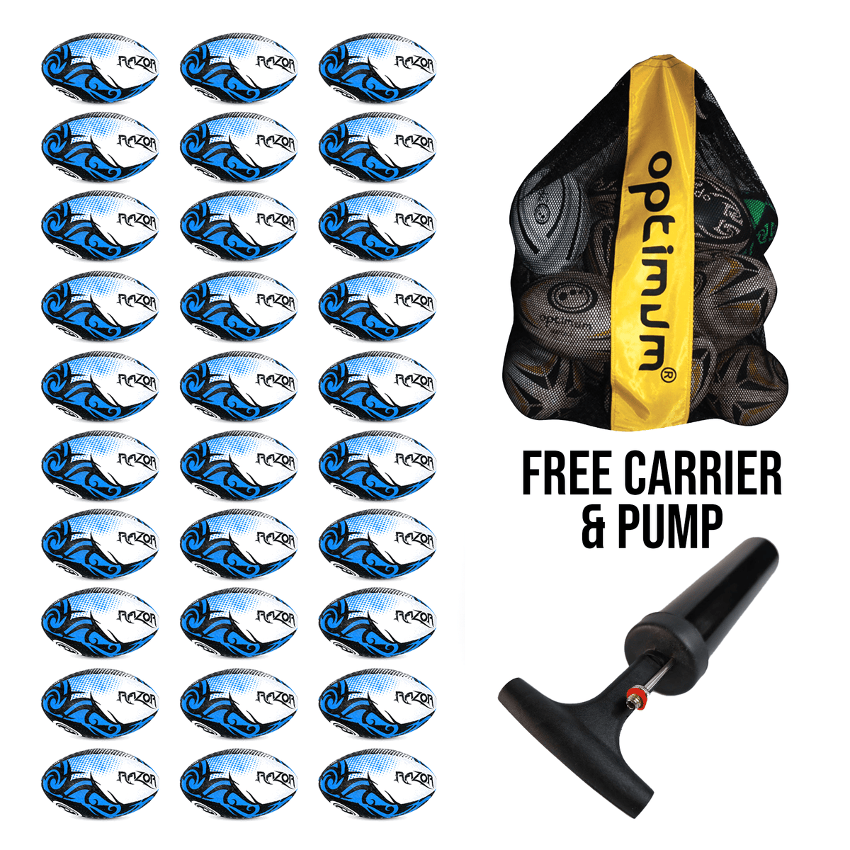 Bulk Razor Rugby Ball Blue - 10/20/30 Pack - Free Carrier and Pump - Optimum