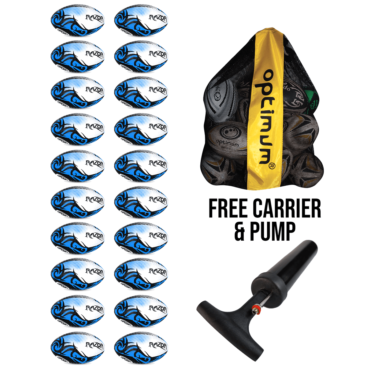 Bulk Razor Rugby Ball Blue - 10/20/30 Pack - Free Carrier and Pump - Optimum