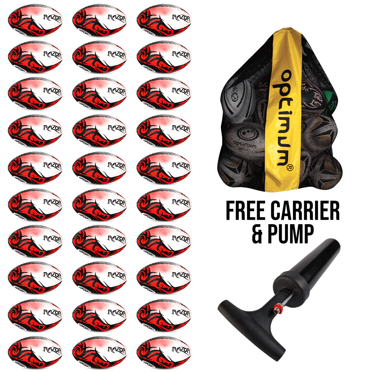 Bulk Razor Rugby Ball Red - 10/20/30 Pack - Free Carrier and Pump - Optimum