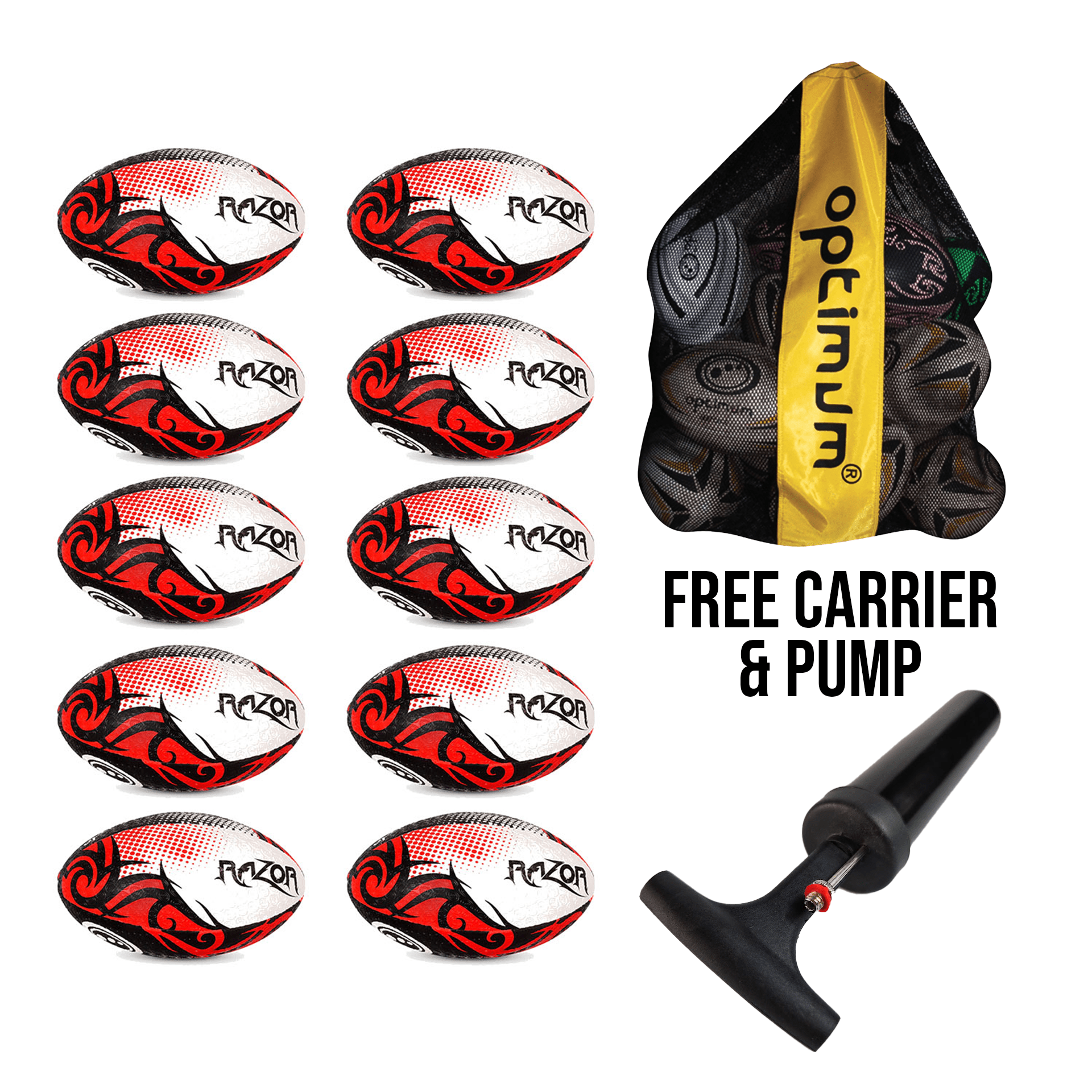 Bulk Razor Rugby Ball Red - 10/20/30 Pack - Free Carrier and Pump - Optimum