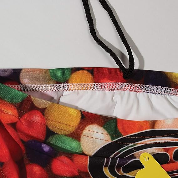 Optimum Tackle Trunks swim brief, close-up of black drawstring and white lining on jelly bean print - Optimum
