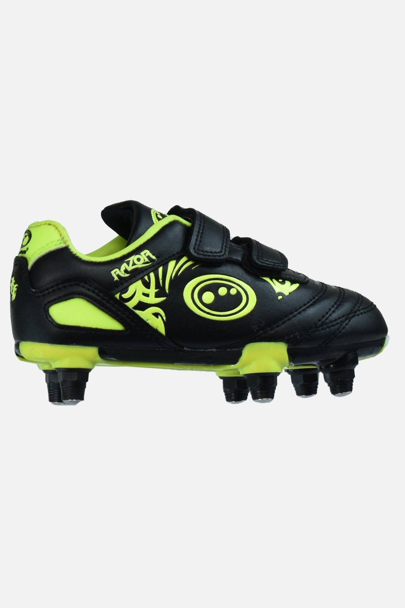 Black and fluro yellow junior Optimum Razor football boot, side view with twin touch-fasten straps and studs - Optimum