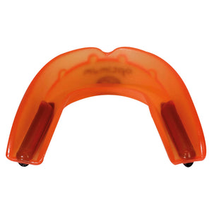 Orange translucent Optimum Matrix mouthguard, top-down U-shape with black base tabs, on white - Optimum