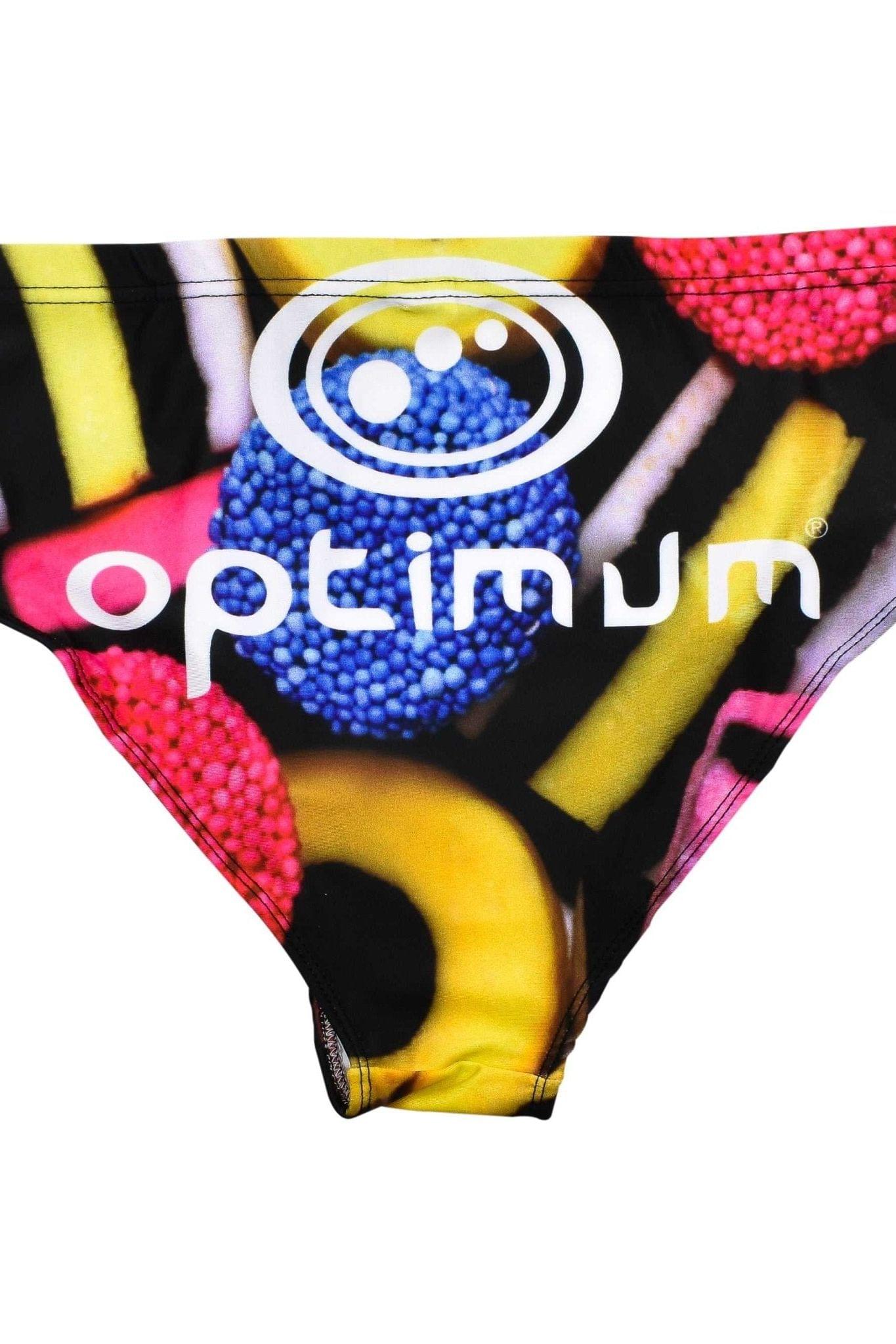 Optimum swimming trunks with liquorice allsorts sweets print and white logo, front view on white - Optimum