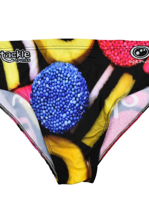 Optimum Tackle Trunks swim brief, liquorice allsorts sweet print, front close-up with tackle trunks logo - Optimum