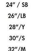 Optimum Tackle Trunks size guide chart listing waist sizes from 24in on white - Optimum