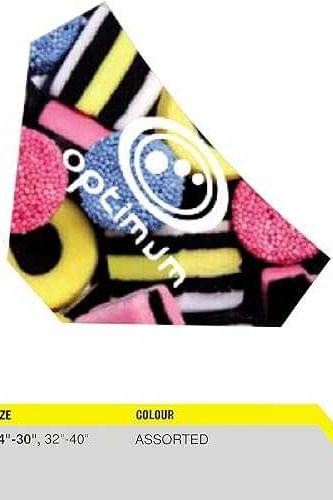Optimum Tackle Trunks swim brief in liquorice allsorts print with size and colour chart, white Optimum logo - Optimum