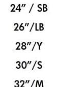 Optimum Tackle Trunks size guide chart listing waist sizes from 24in on white - Optimum