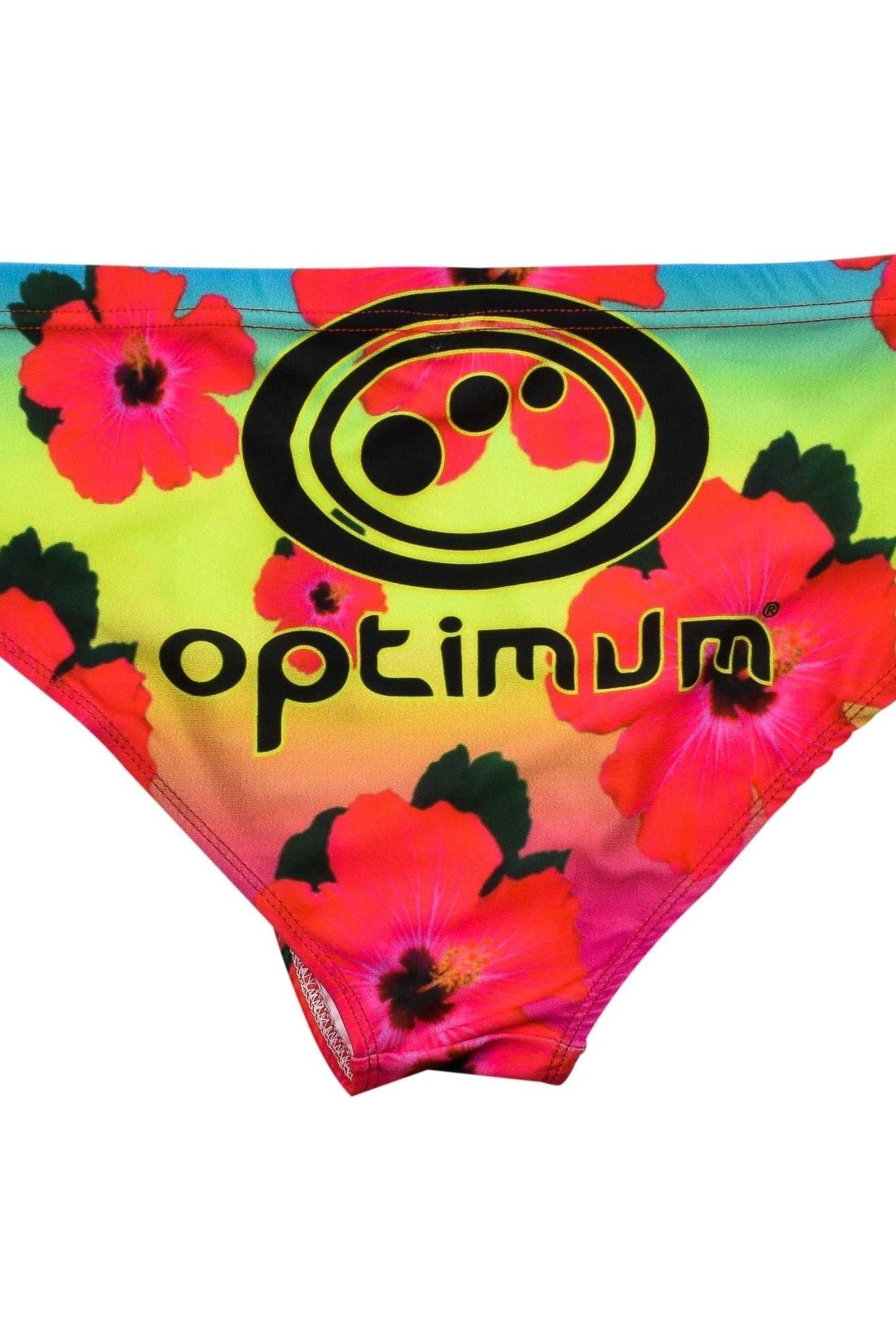 Optimum Tackle Trunks swim brief, neon rainbow hibiscus floral print with black Optimum logo, front on white - Optimum