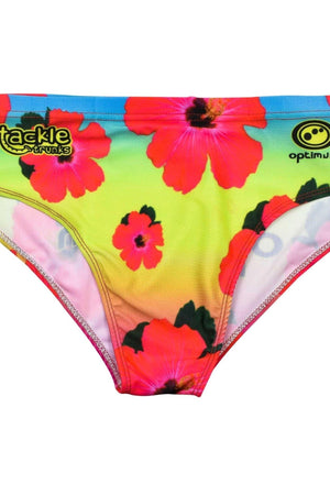 Optimum Tackle Trunks swim brief in neon hibiscus floral print, front view with tackle trunks and Optimum logos - Optimum